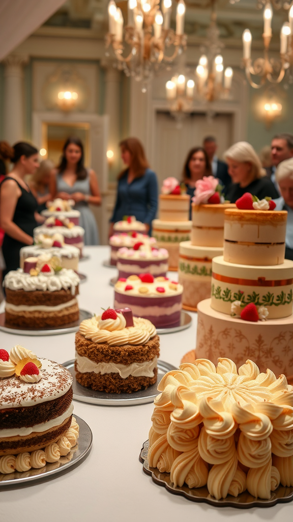 A table set with various beautifully decorated Rococo cakes, surrounded by guests in a stylish venue.