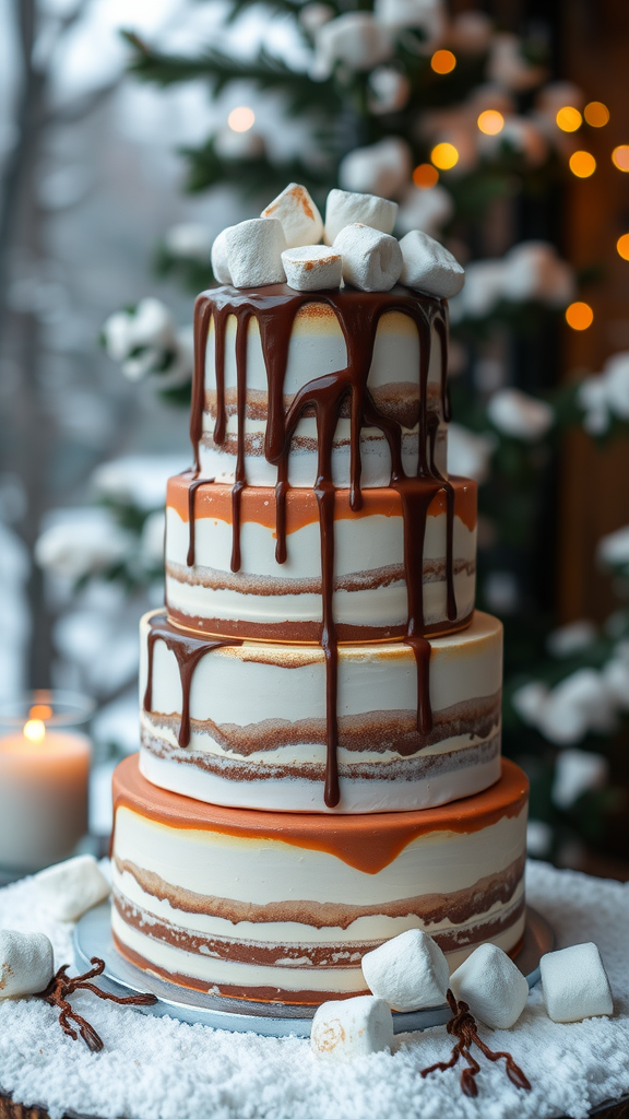 A beautifully layered cake with chocolate drizzles and marshmallows, inspired by hot cocoa.