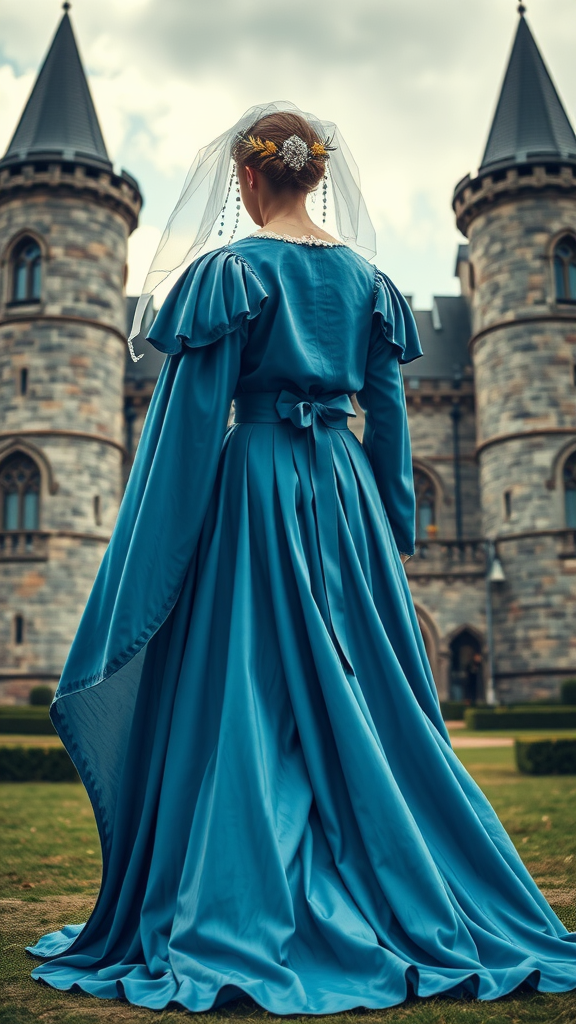 A bride wearing a blue medieval wedding dress with flowing cape and sleeves, standing in front of a castle.