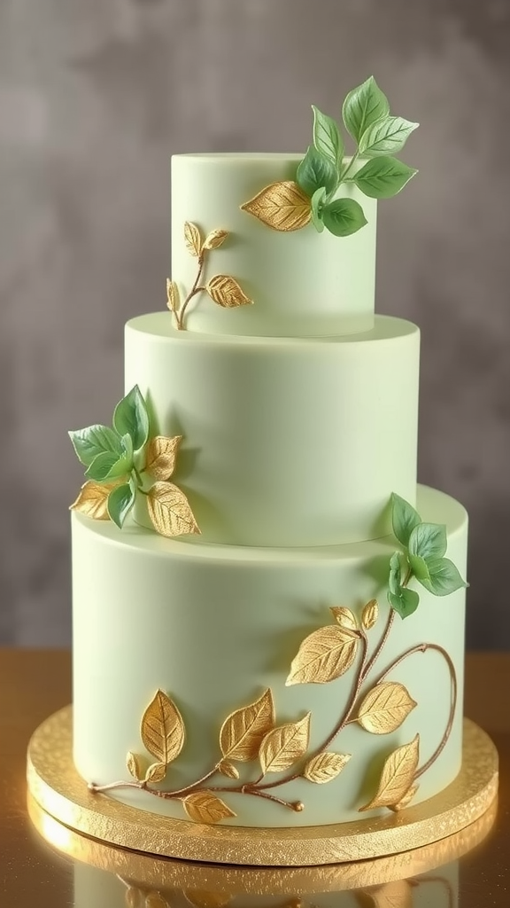 A 1 tier sage green wedding cake with gold leaf accents.