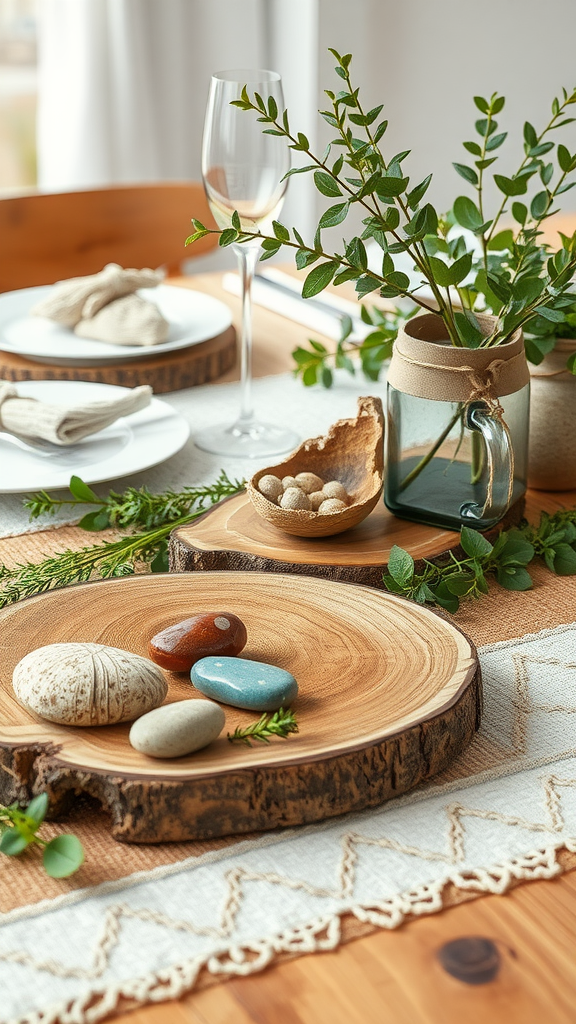A beautifully arranged table featuring wooden plates, smooth stones, and greenery, perfect for a boho-themed celebration.