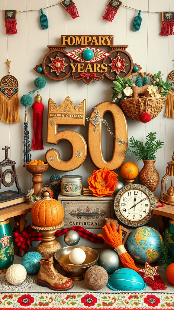 A vibrant display featuring a large golden '50' surrounded by colorful decorations for a boho 50th birthday party.