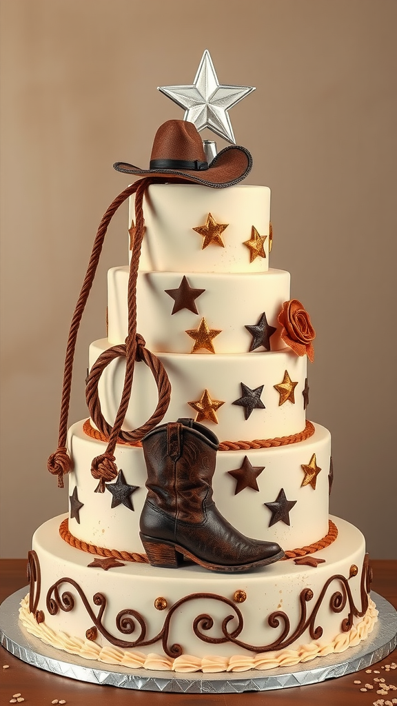 A cowboy wedding cake with multiple tiers, decorated with a cowboy hat, boots, rope, and stars.