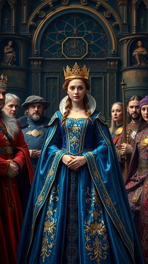A royal figure in a blue medieval dress stands confidently among courtiers in a grand setting.