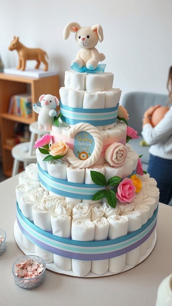 A beautifully crafted diaper cake decorated with plush animals and flowers, perfect for a baby shower.
