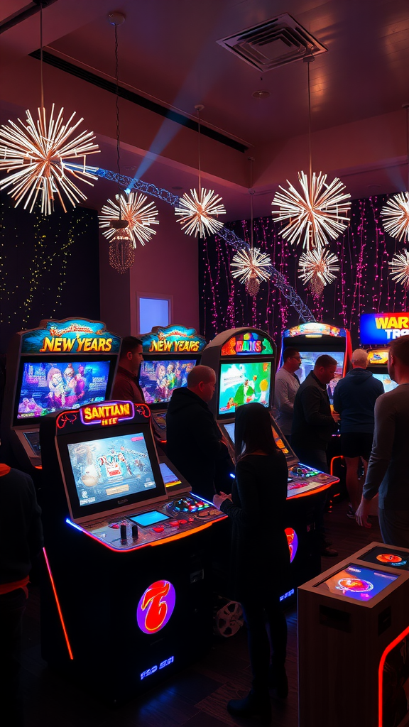 Interactive game stations with bright lights and people playing games at a New Year’s Eve party.