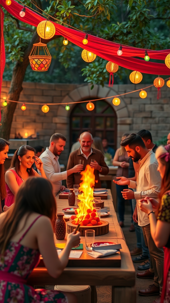 A lively outdoor gathering with friends enjoying a boho 50th birthday party, featuring flaming desserts and festive decorations.