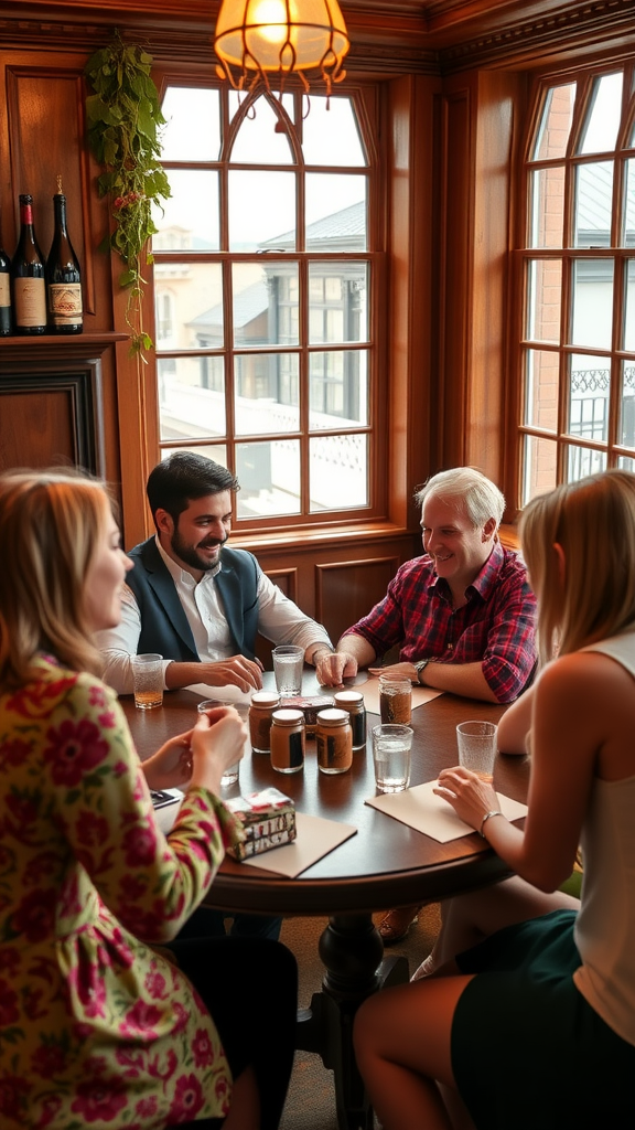 Group of friends playing games at a wooden table in a cozy setting.