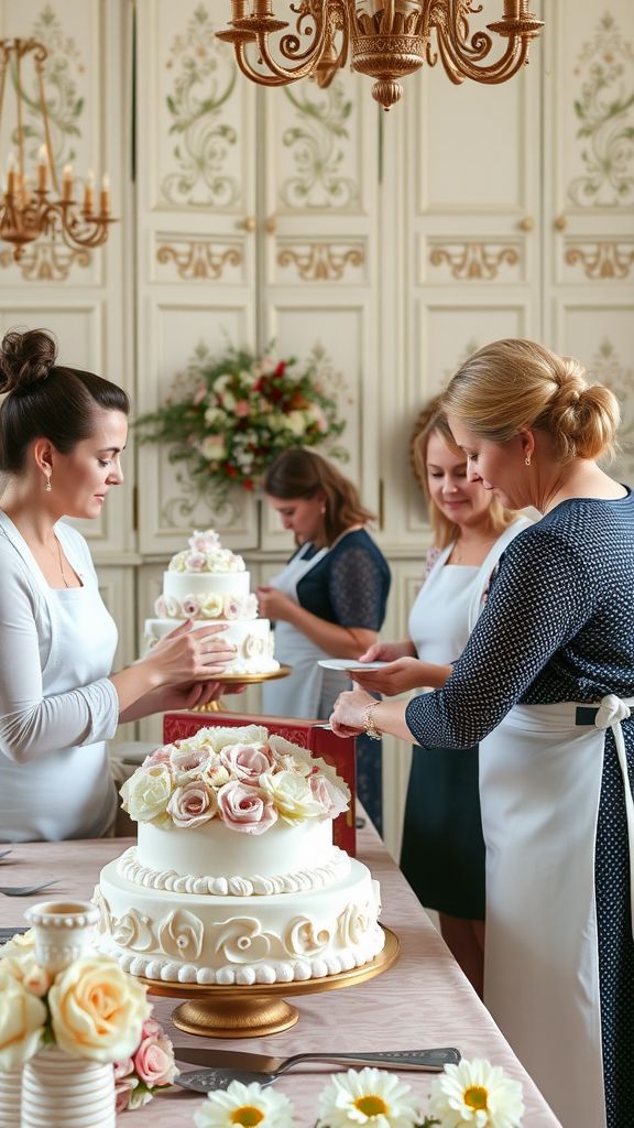 Group of women participating in a Rococo cake workshop, working on decorated cakes with floral designs.