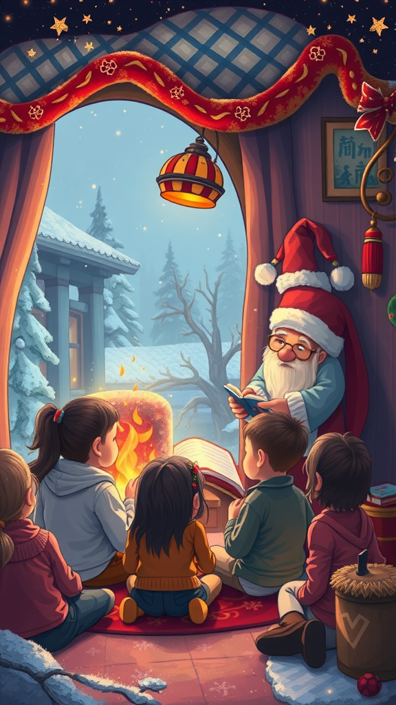 A cozy scene of children listening to Santa tell stories by a warm fire.