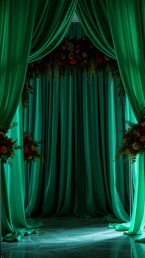 Emerald green drapery with floral arrangement for a wedding backdrop