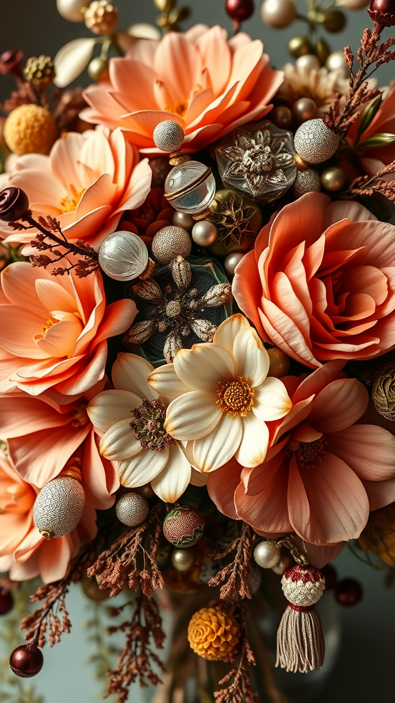 A bouquet featuring peach and cream flowers with beaded accents, showcasing intricate details. Earth Tone Wedding Bouquets