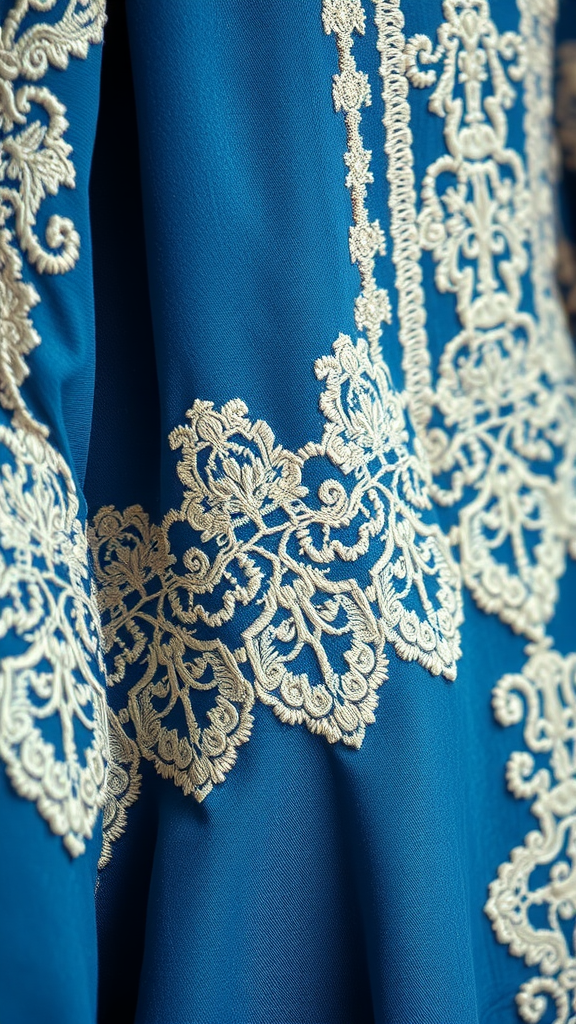 Close-up of a blue medieval wedding dress with intricate lace and embroidery designs