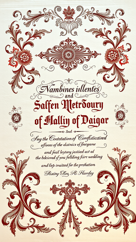 A Rococo style wedding invitation featuring ornate designs and elegant script