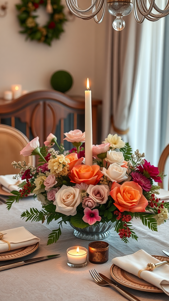 25 Must-Have Items for the Perfect Nesting Party A beautifully arranged floral centerpiece with candles on a dining table.