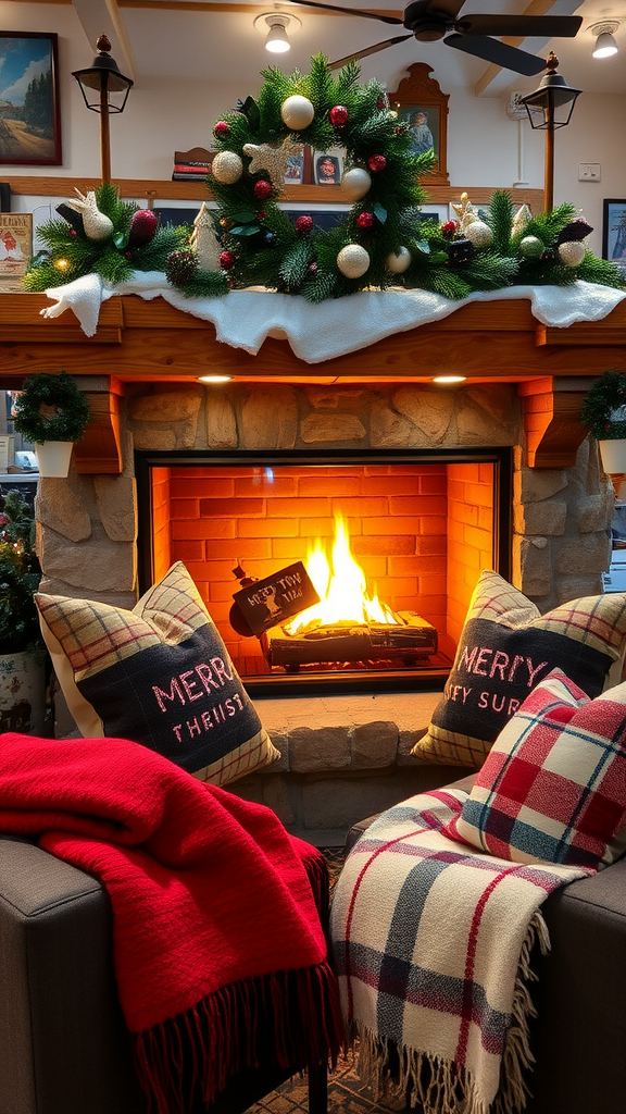 A cozy fireplace lounge area with festive decorations, comfortable seating, and warm blankets.