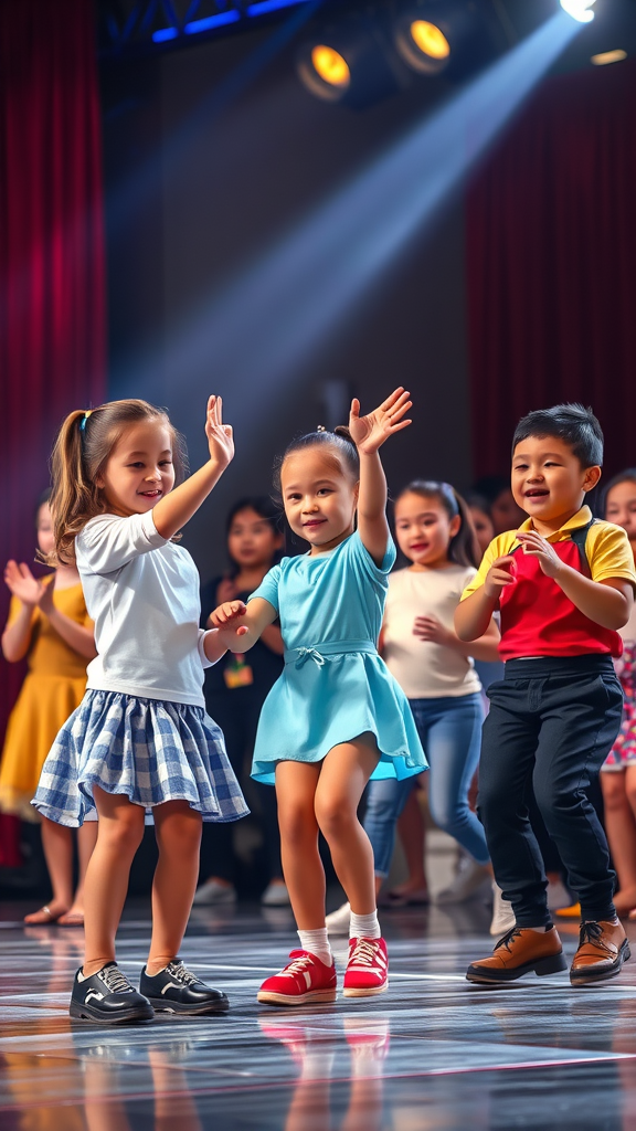 Children participating in a dance contest, smiling and dancing on stage.