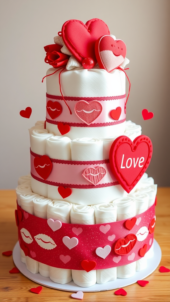 A decorative diaper cake featuring layers of rolled diapers wrapped in ribbons, adorned with hearts and kiss motifs.