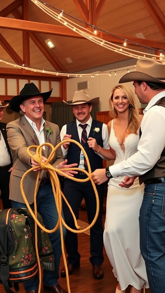 25 Rustic Cowboy Wedding Ideas to Tie the Knot with Style A group of people participating in the Lasso the Bride game at a cowboy wedding, with a smiling bride and guests holding ropes.
