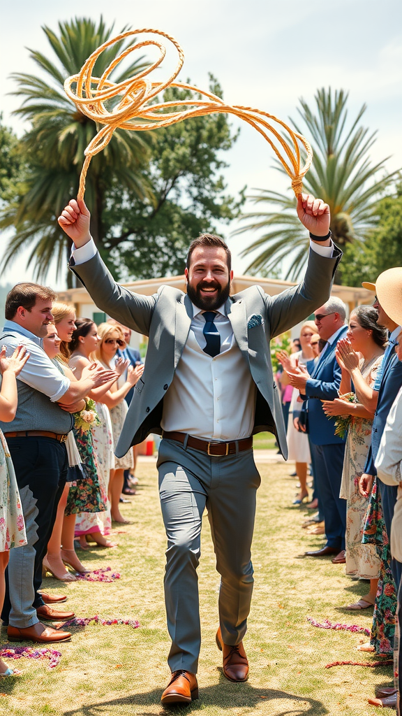 A man in a gray suit joyfully swinging a lasso at a wedding with guests cheering.
