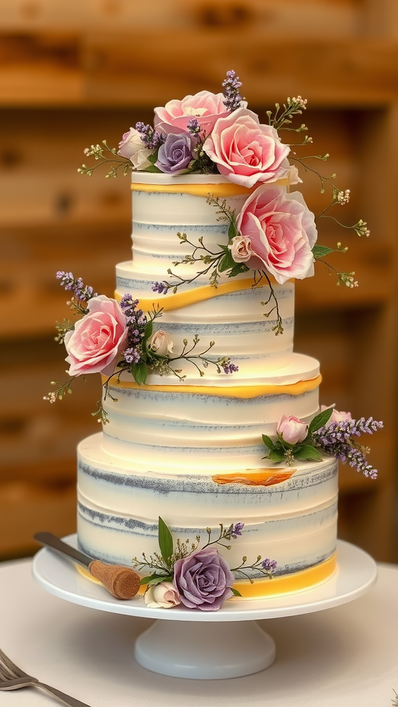 Three-tier lavender and honey wedding cake decorated with pink roses and lavender sprigs. Christmas Wedding Cakes and Cupcakes 