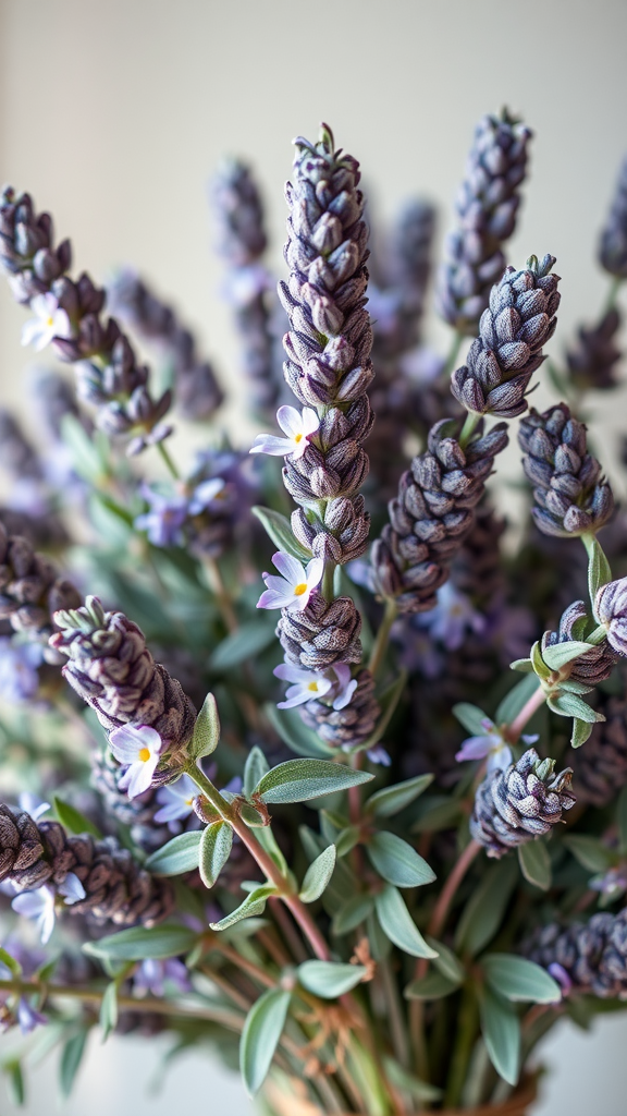 A bouquet featuring lavender and sage, showcasing purple lavender spikes and green sage leaves.