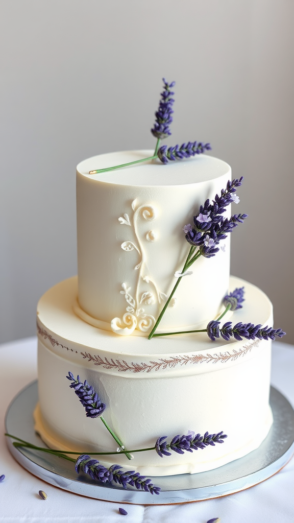 Two-tier wedding cake decorated with lavender sprigs