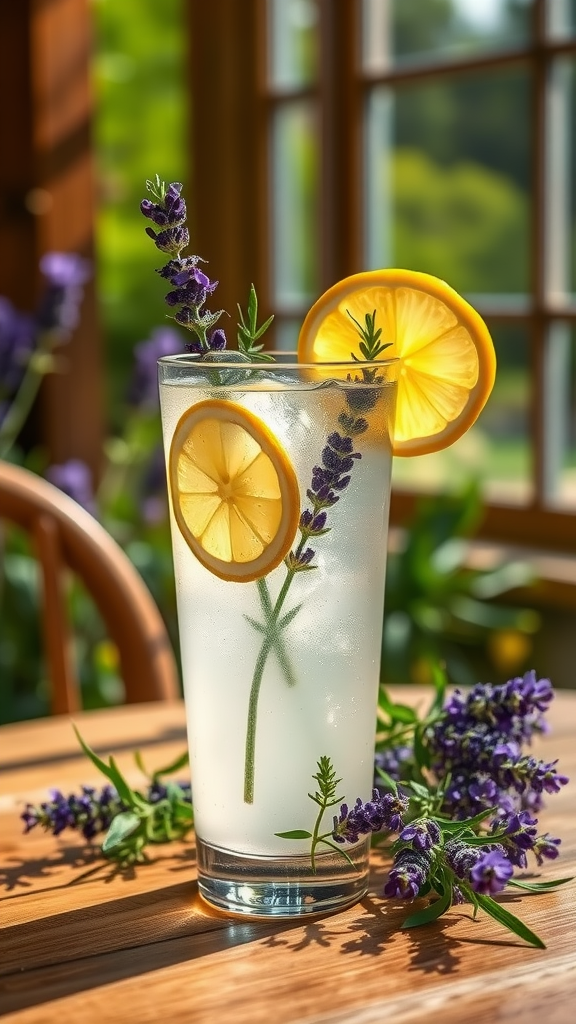 A refreshing glass of lavender lemonade garnished with lemon slices and lavender sprigs.