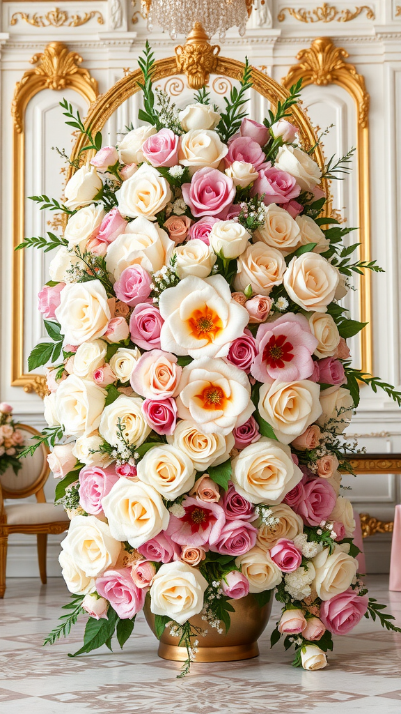 Lavish floral arrangements featuring pink and white roses in a Rococo wedding setting