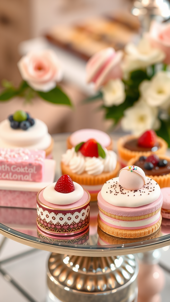 A variety of lavishly decorated desserts including colorful cakes and pastries, ideal for a romantic occasion.
