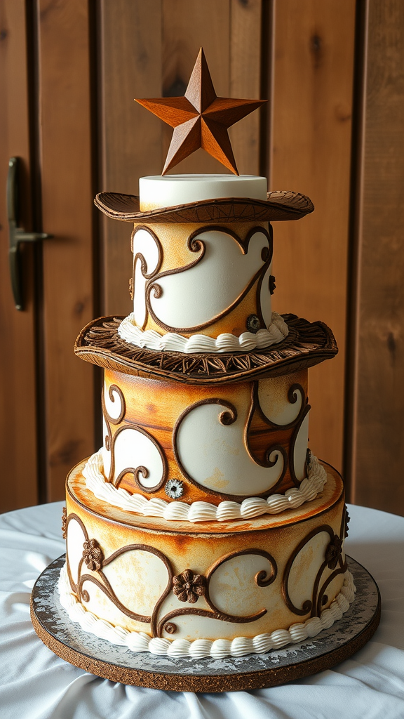 A beautifully decorated multi-tiered cowboy wedding cake with intricate designs and a wooden star on top.