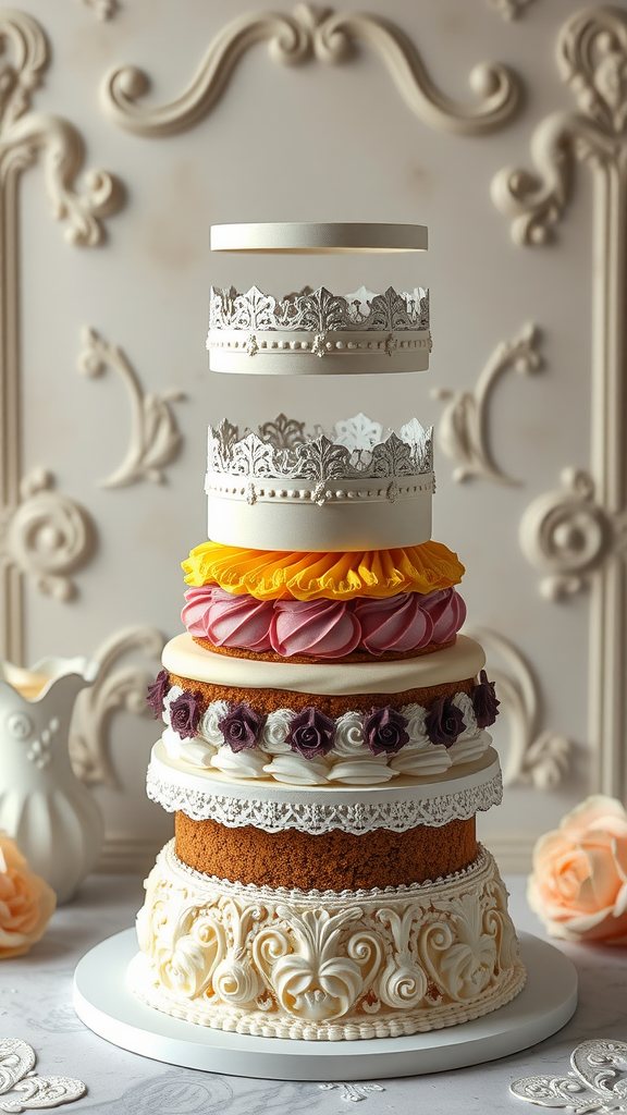 A beautifully layered Rococo cake with intricate decorations and different colored tiers.