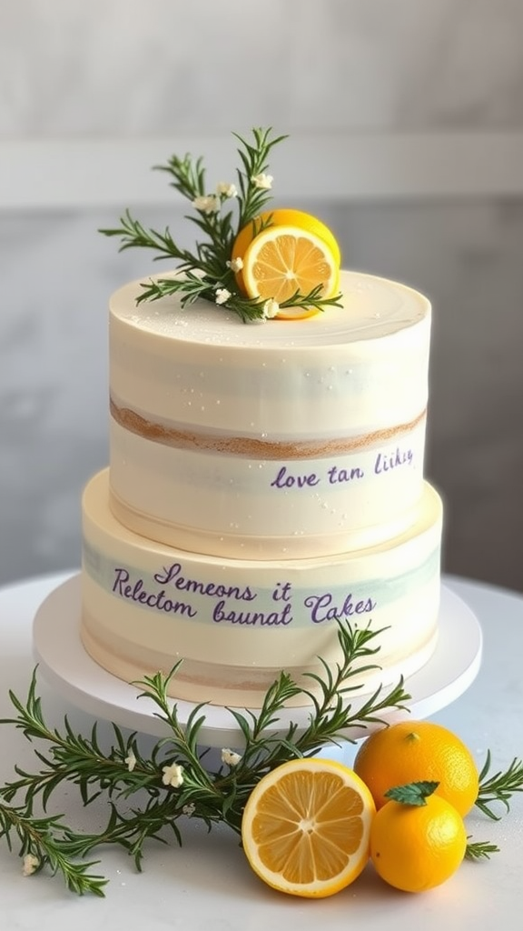 A two-tiered lemon cake decorated with rosemary and fresh lemons, featuring a message on the cake.