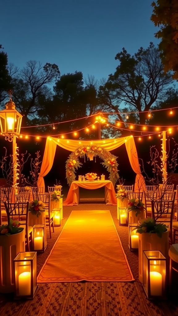 Outdoor wedding setup featuring warm lighting, lanterns, and earth tone decorations.