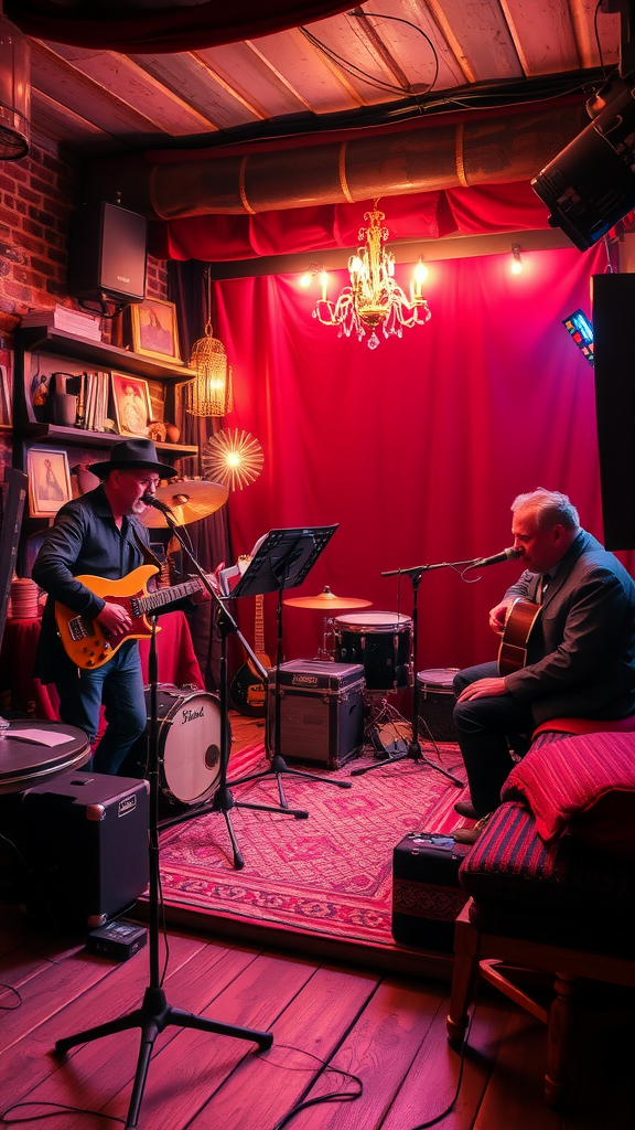 Two musicians performing live music in a cozy venue.