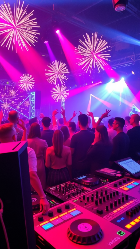 A DJ setup with colorful lights and a crowd enjoying live music at a festive event.