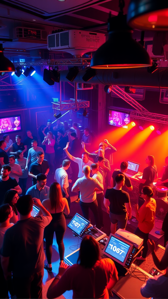 A vibrant party scene featuring a DJ setup and animated crowd with colorful lights.