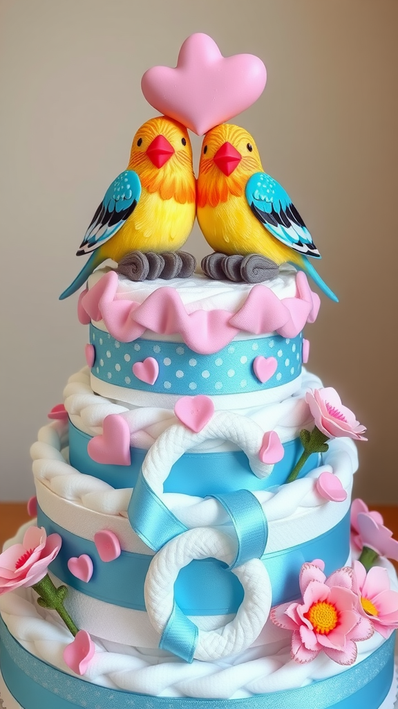 A colorful love birds themed diaper cake with bright birds on top, surrounded by pink hearts and flowers.