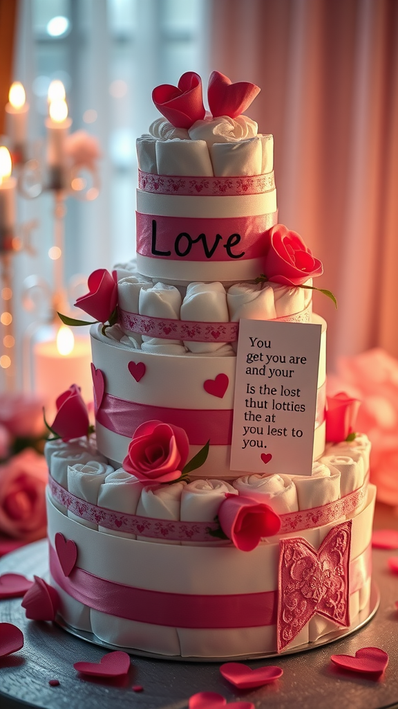 A three-tiered diaper cake decorated with pink roses, ribbons, and a love note, symbolizing a gift for new parents.