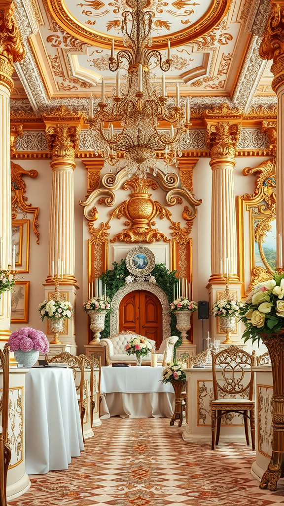 Luxurious Rococo wedding interior featuring ornate decorations, a chandelier, and floral arrangements.