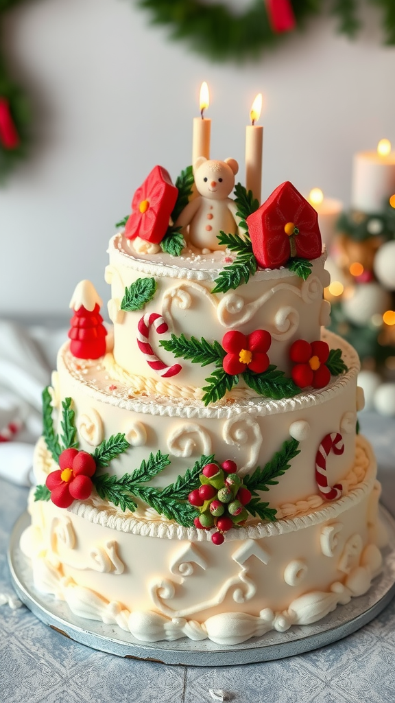 A three-tiered christmas wedding cake adorned with marzipan decorations, candles, and festive elements.