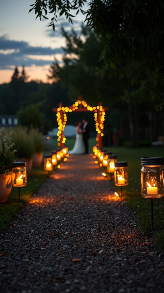 Pathway illuminated by mason jar lanterns leading to a wedding altar. Cowboy Wedding Entrance