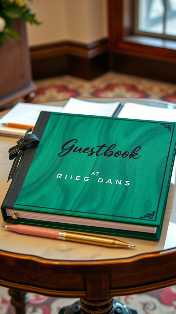 Emerald green guestbook with elegant lettering on a table, accompanied by a pen.