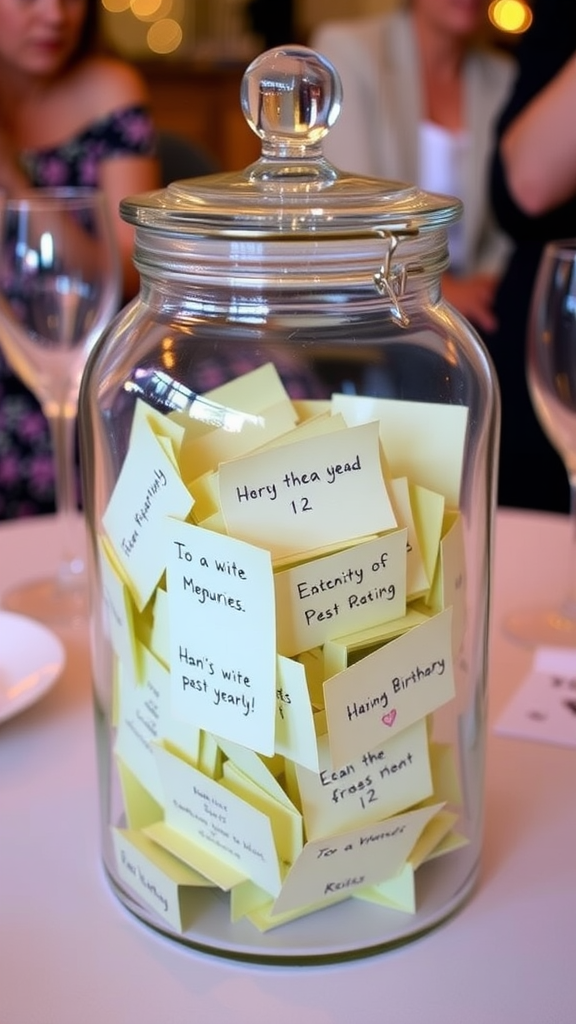 A jar filled with colorful slips of paper, each with handwritten memories, sitting on a table, surrounded by soft lighting.