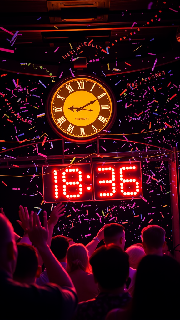 A lively New Year’s Eve countdown celebration with a digital clock and festive decorations.