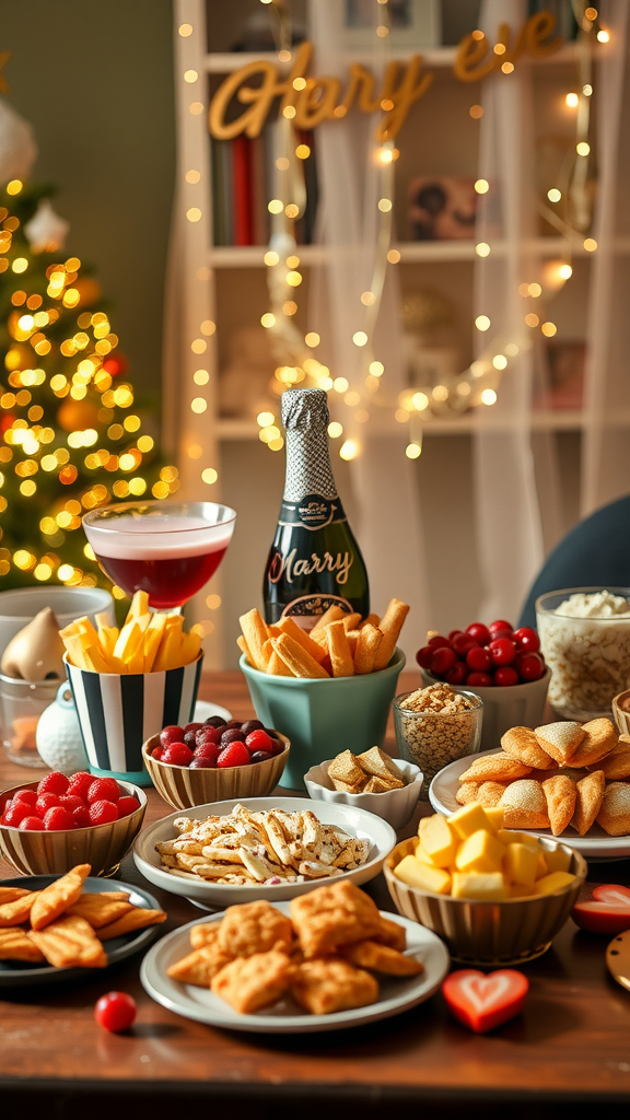 A festive snack bar with various party foods, fruits, and drinks, perfect for a New Year’s Eve kid party.