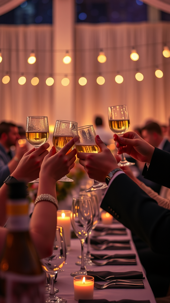 A group of people toasting with drinks at a celebration, surrounded by warm candlelight.