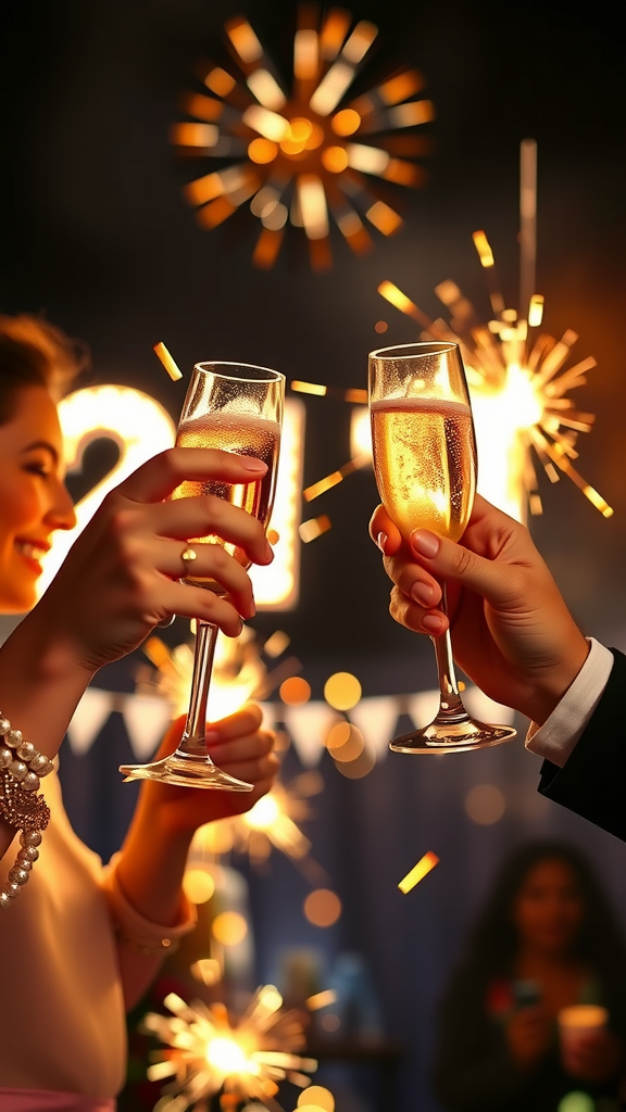 Two people toasting with champagne flutes in a festive setting with sparklers in the background.