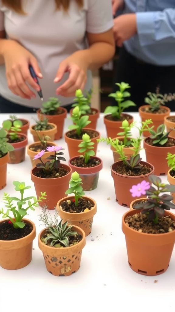 25 Creative Nesting Party Ideas for a Cozy Gathering People working on miniature gardening at a table with small potted plants.