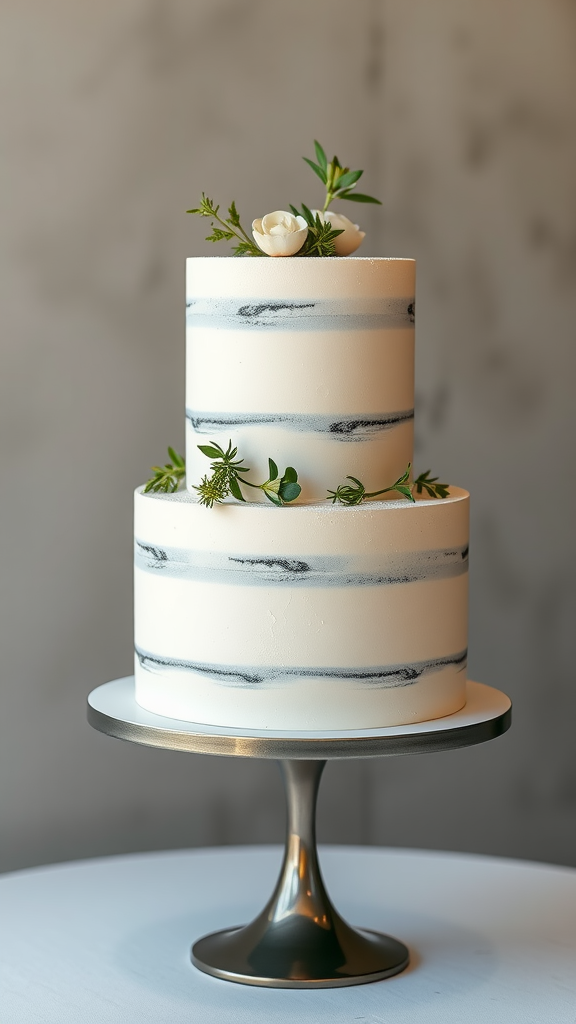 A minimalist two-tier wedding cake decorated with fresh herbs and flowers.